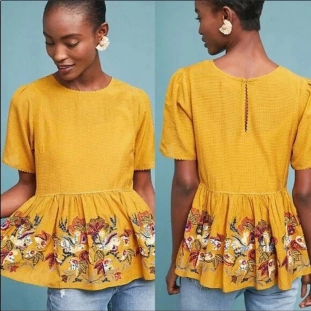 Anthropologie Mustard Yellow Embroidered Peplum Top